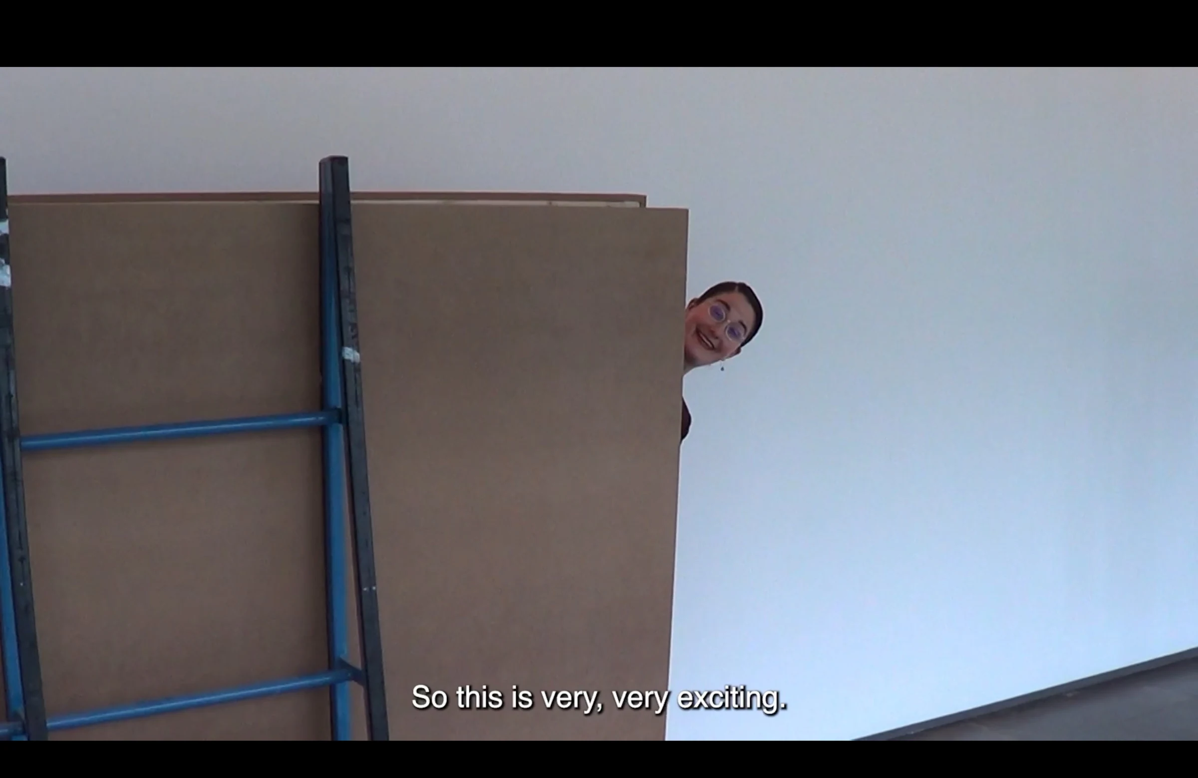 A character wearing glasses peeking around a cardboard panel, subtitled So this is very, very exciting.