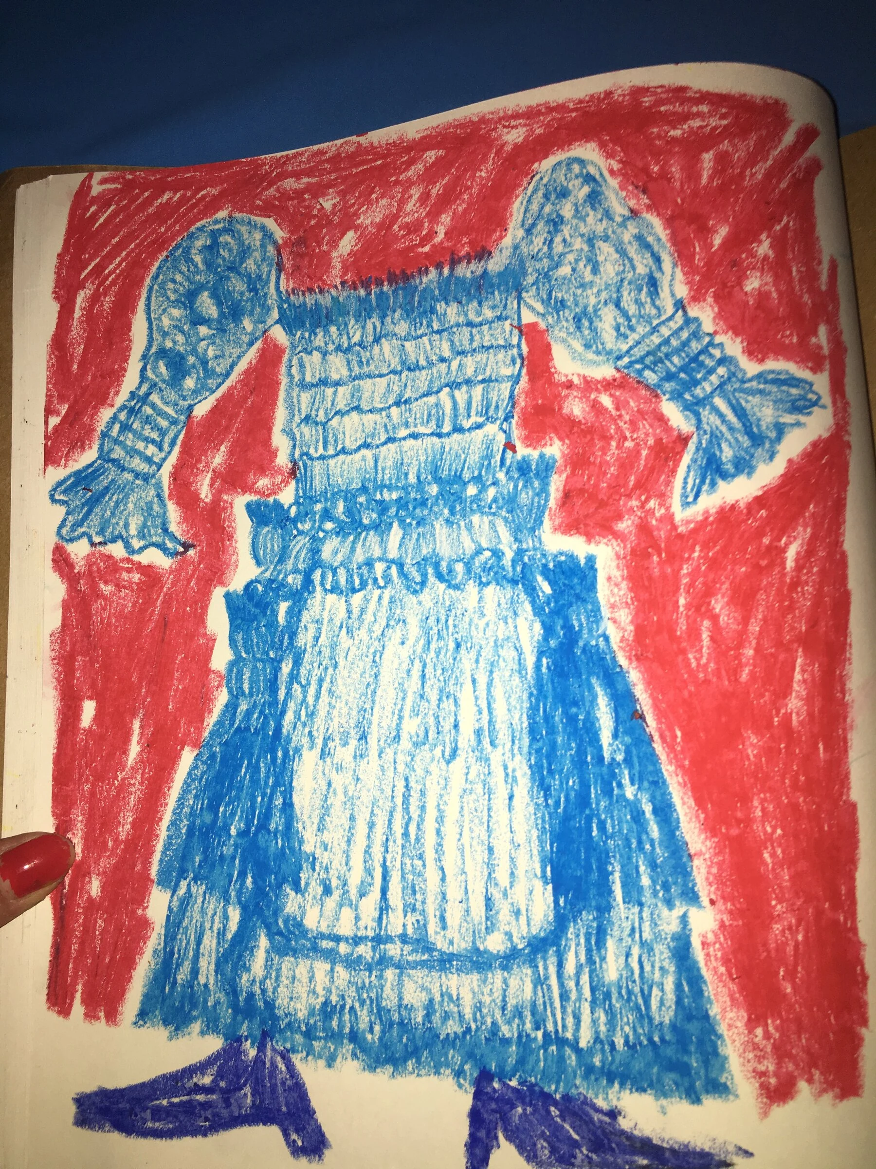 A drawing of a blue ruffled dress and purple boots on a red background.