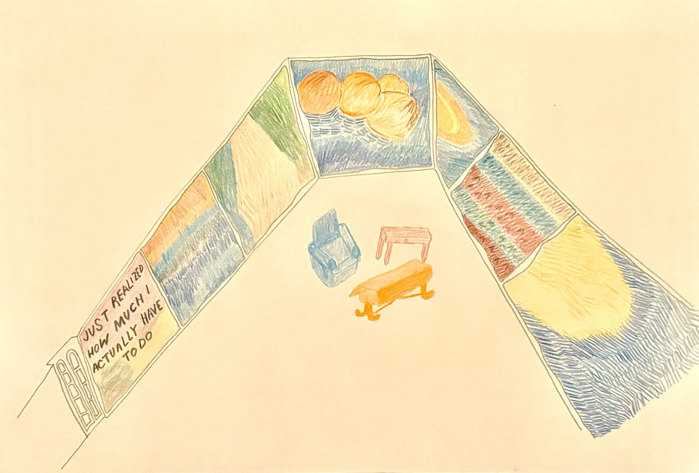 A coloured-pencil drawing of an exhibition space with painted panels and furniture.