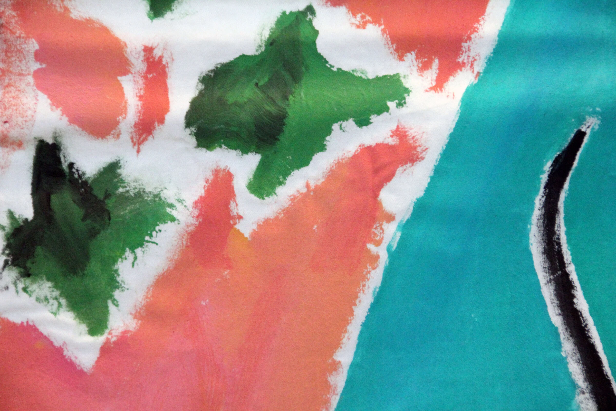 A detail of green stars on a pink and teal painted panel with a curved black line.