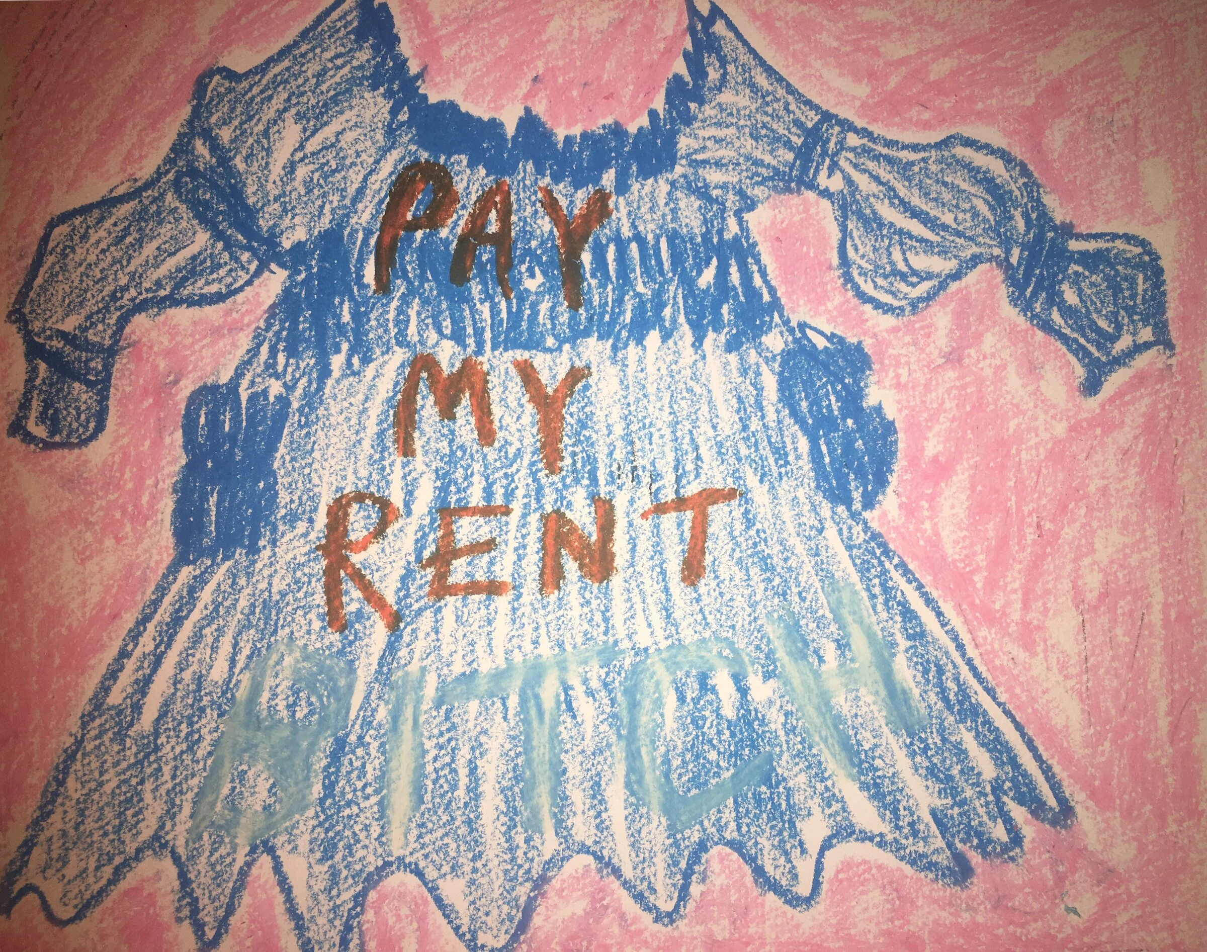 A blue dress drawing with red lettering on a pink background.