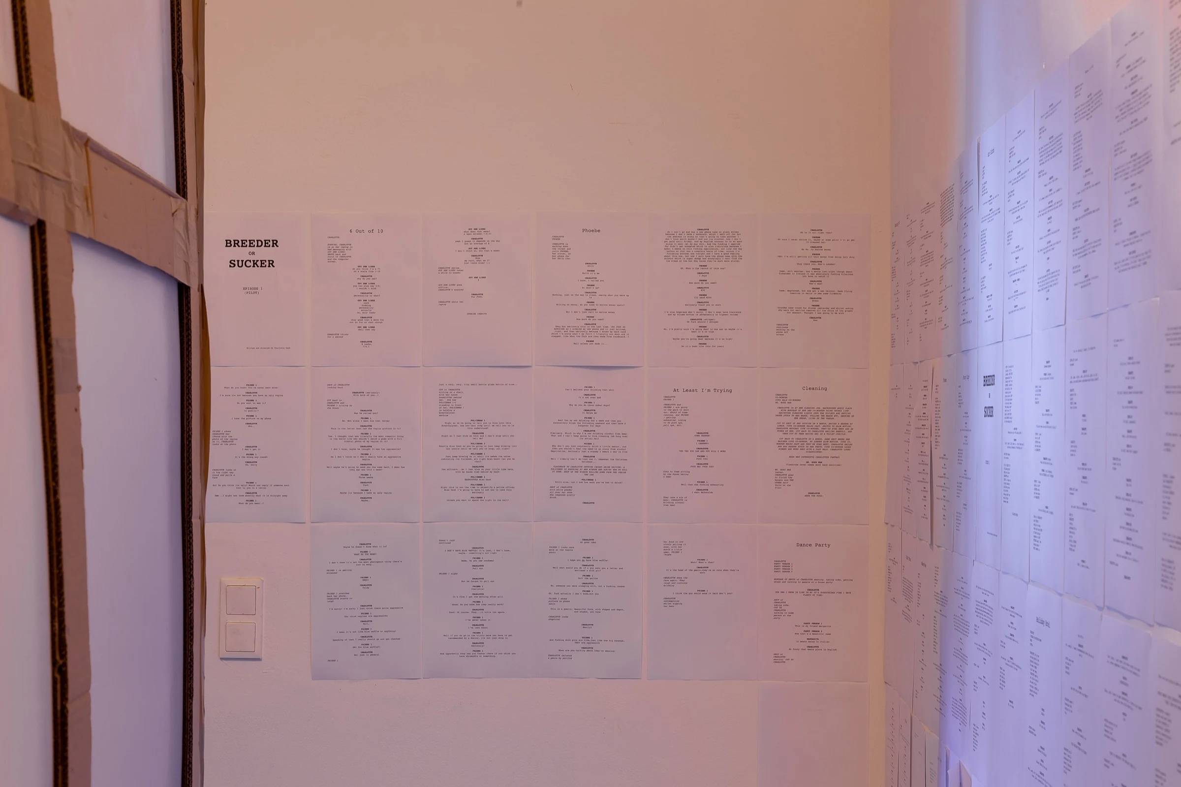 A corner of the installation covered with printed texts.