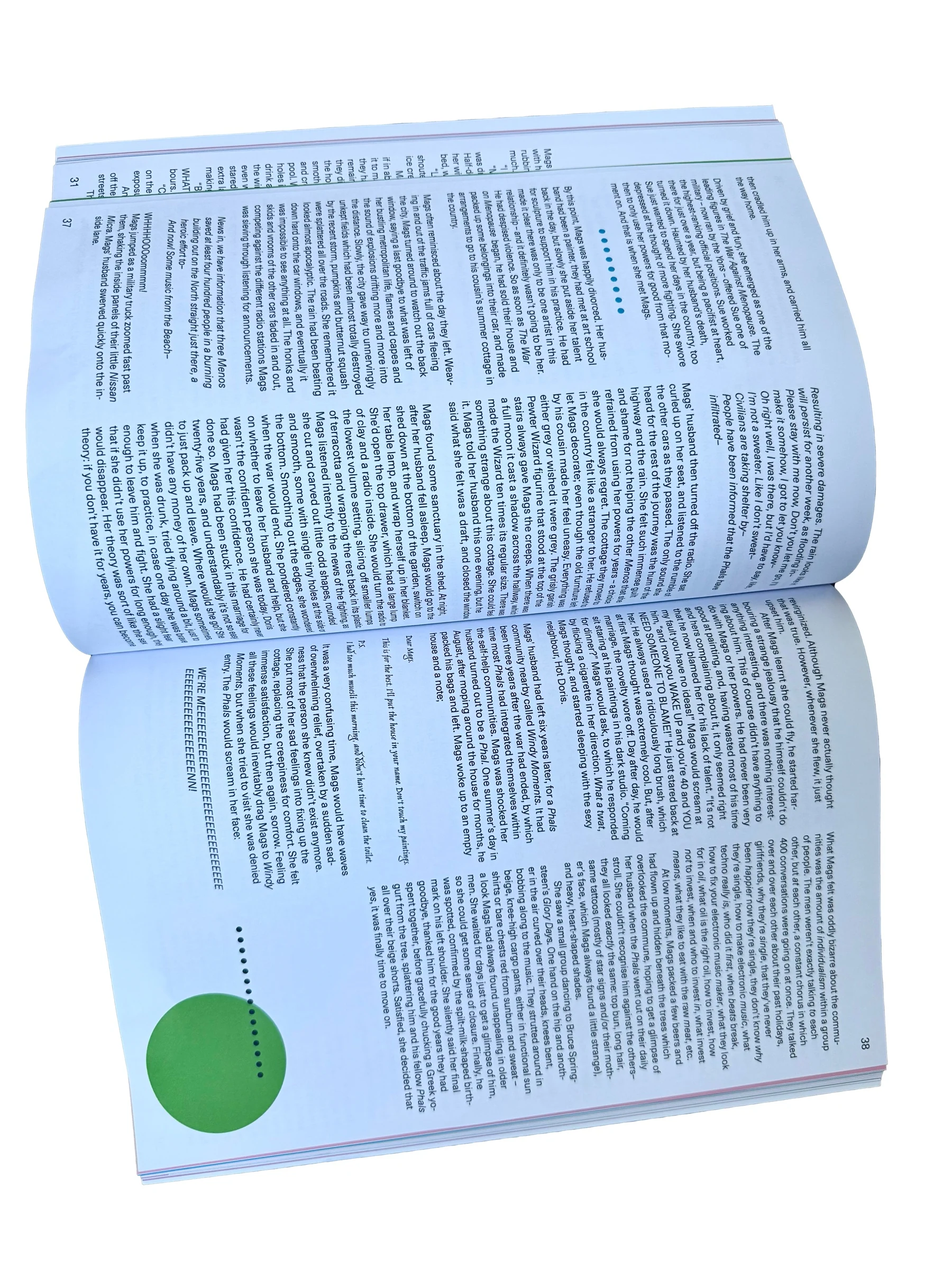 An open ODDBALL magazine showing a two-page spread of Menos.