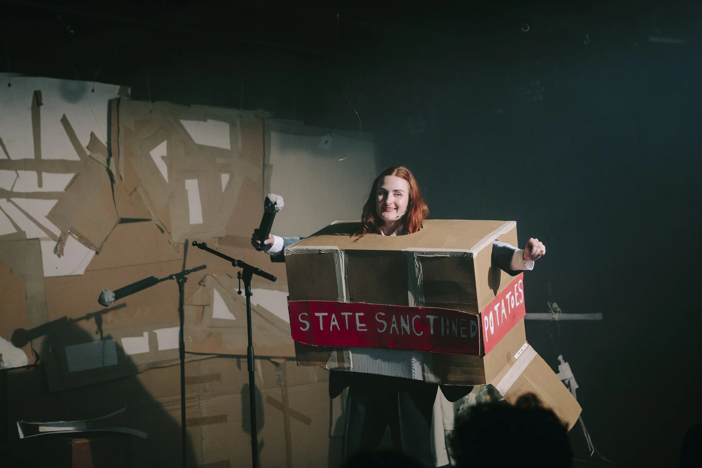 Charlotte Gash performing in a cardboard costume labelled State Sanctioned Potatoes.
