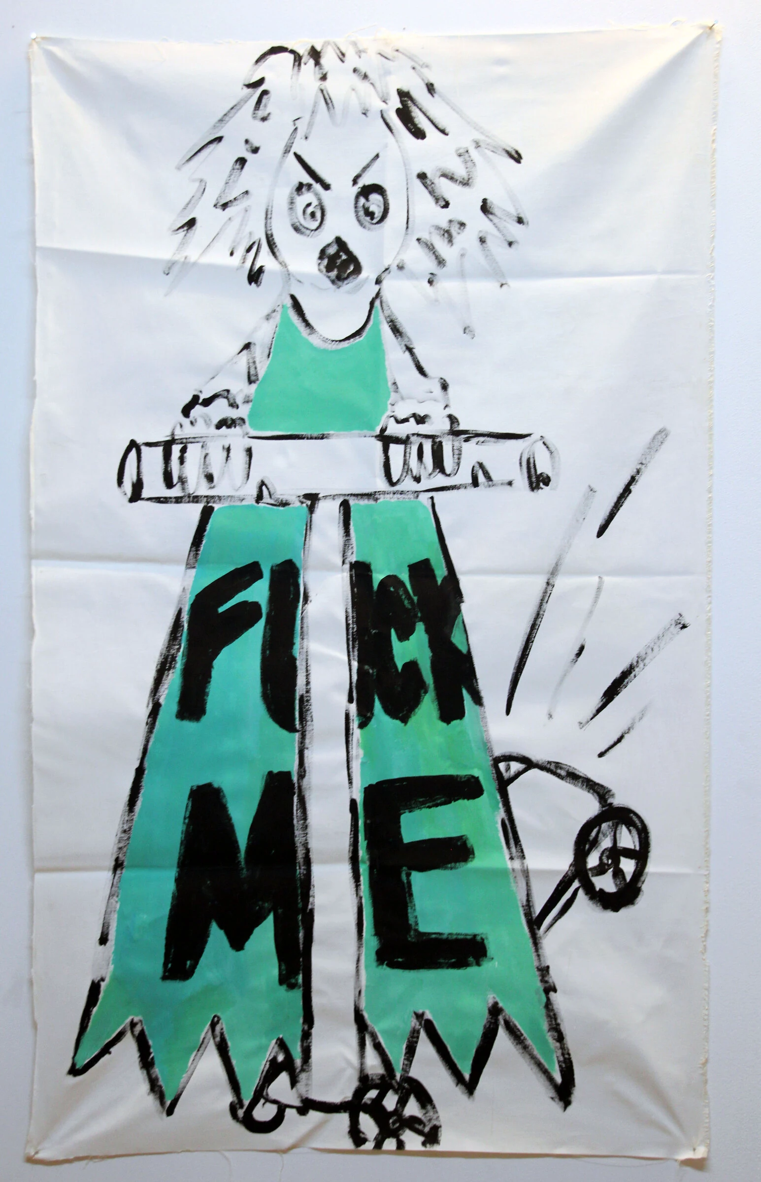 A painted figure riding a scooter in a green dress with black lettering on a white canvas backdrop.