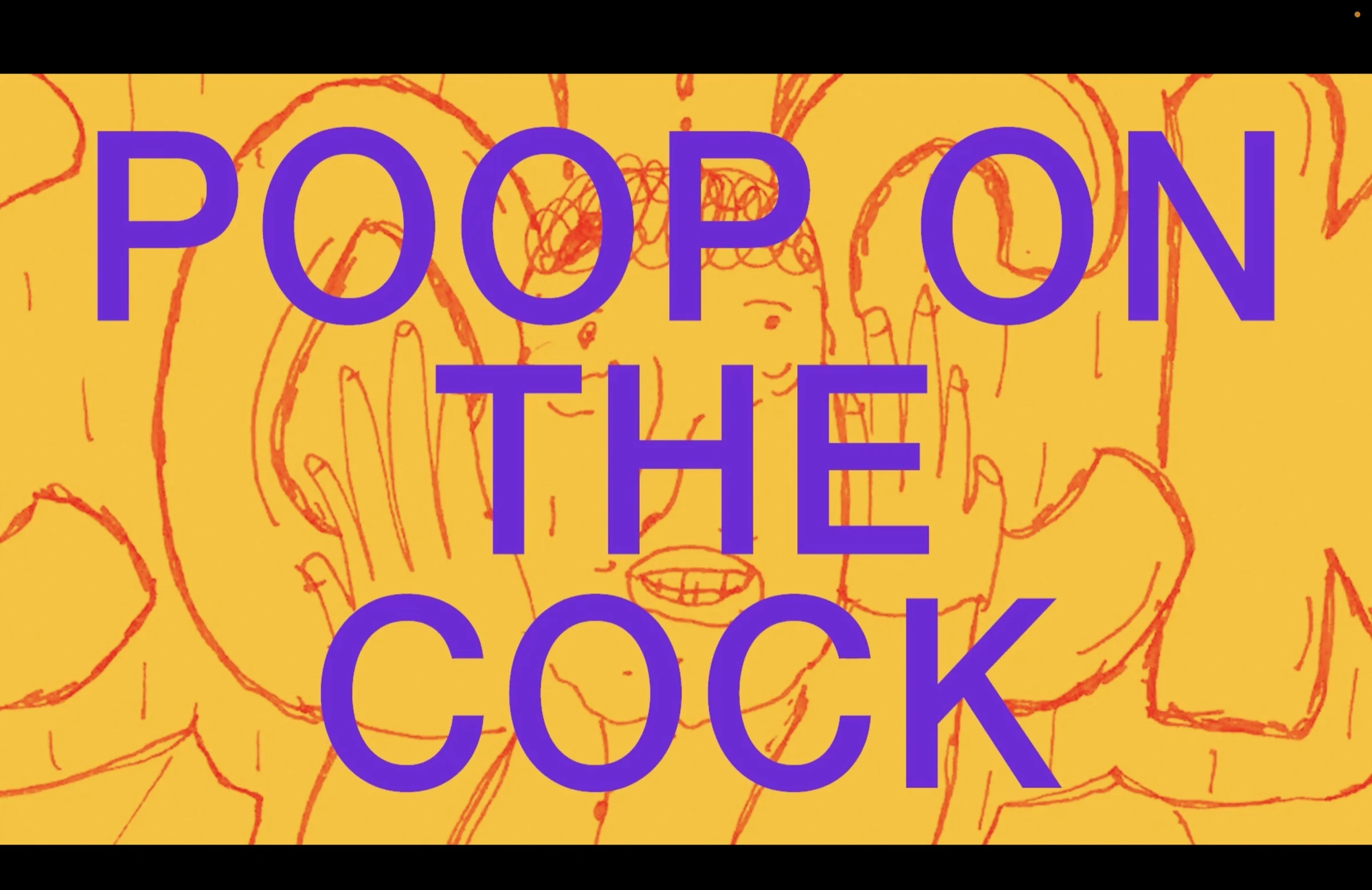 Poop on the Cock title page with purple lettering over orange drawings on yellow.