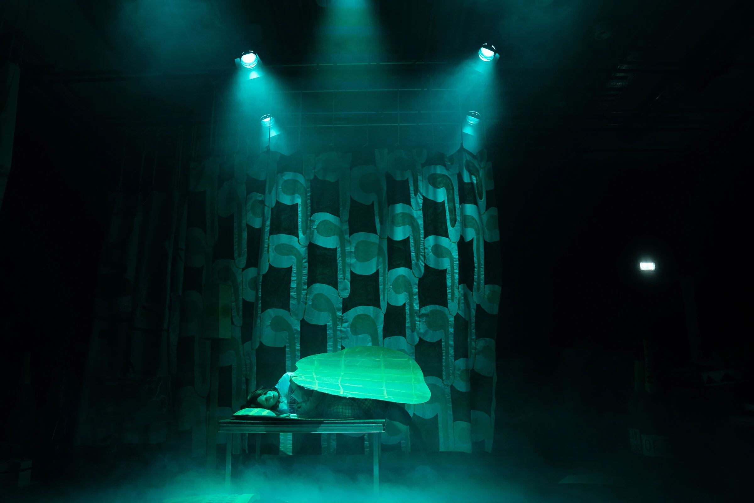 A performer lying beneath a large leaf prop before the patterned backdrop under green stage lights.