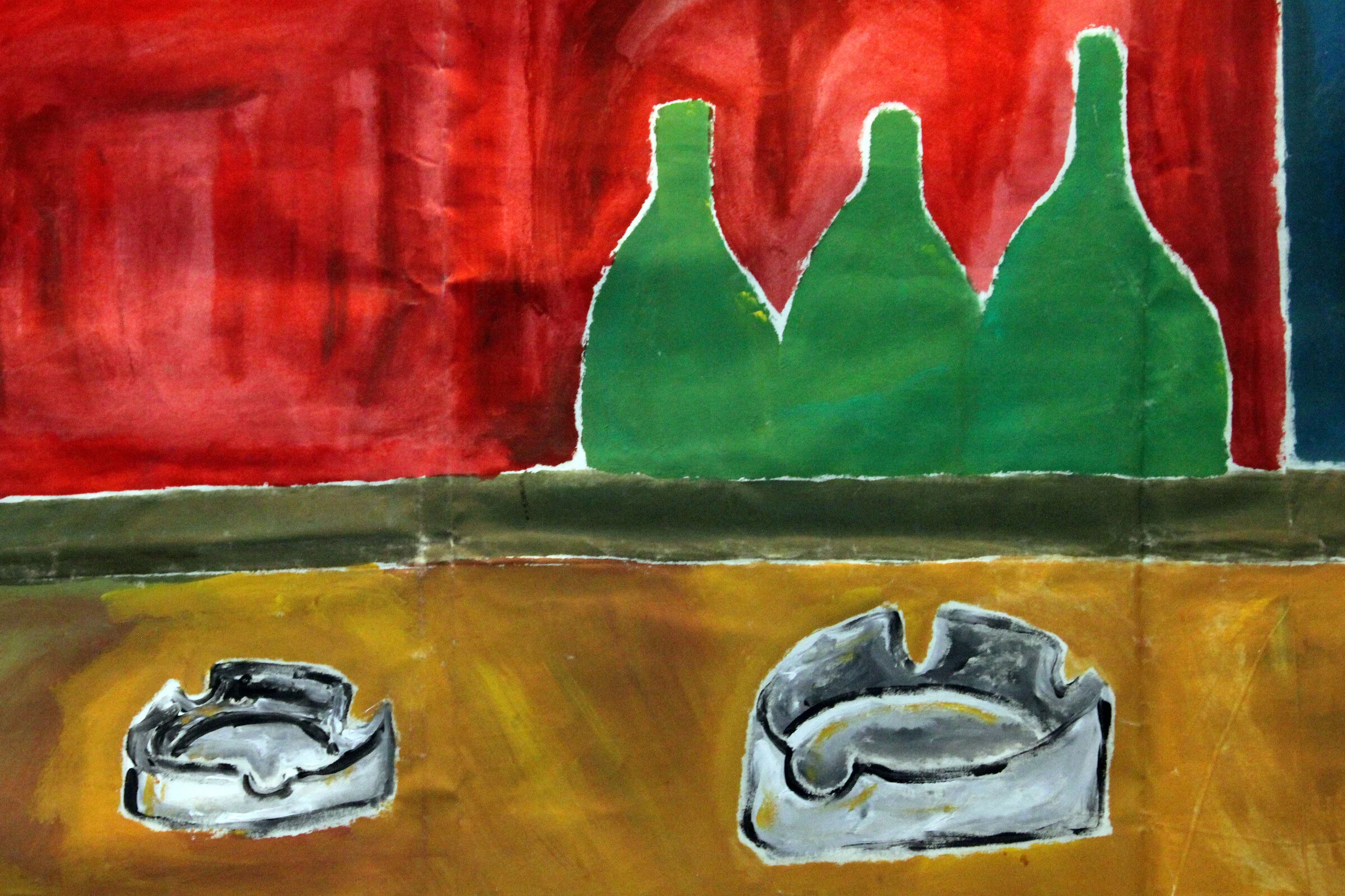 A detail of three green bottles and two grey ashtrays painted on the bar backdrop.