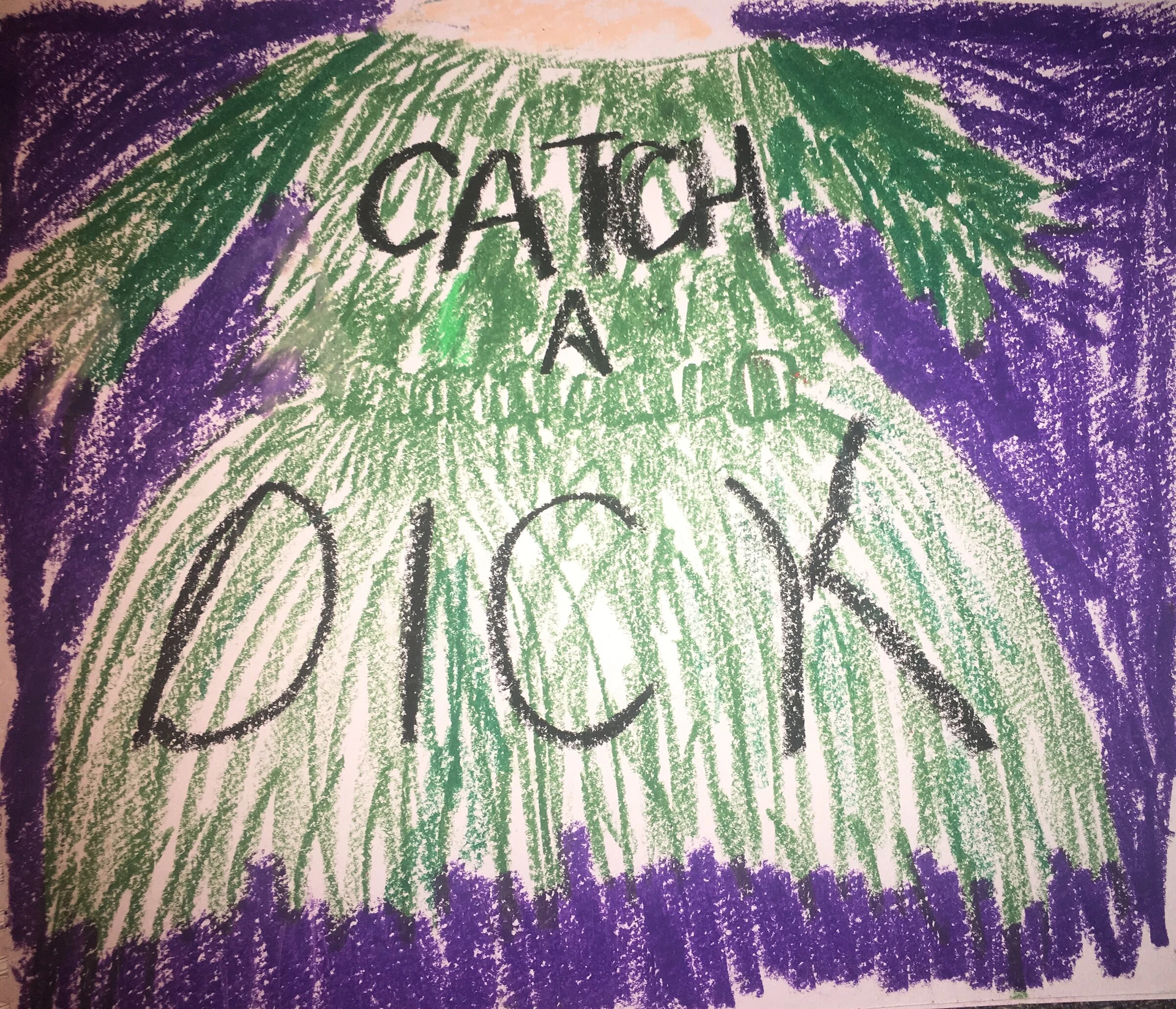 A green dress drawing with black lettering on a purple background.