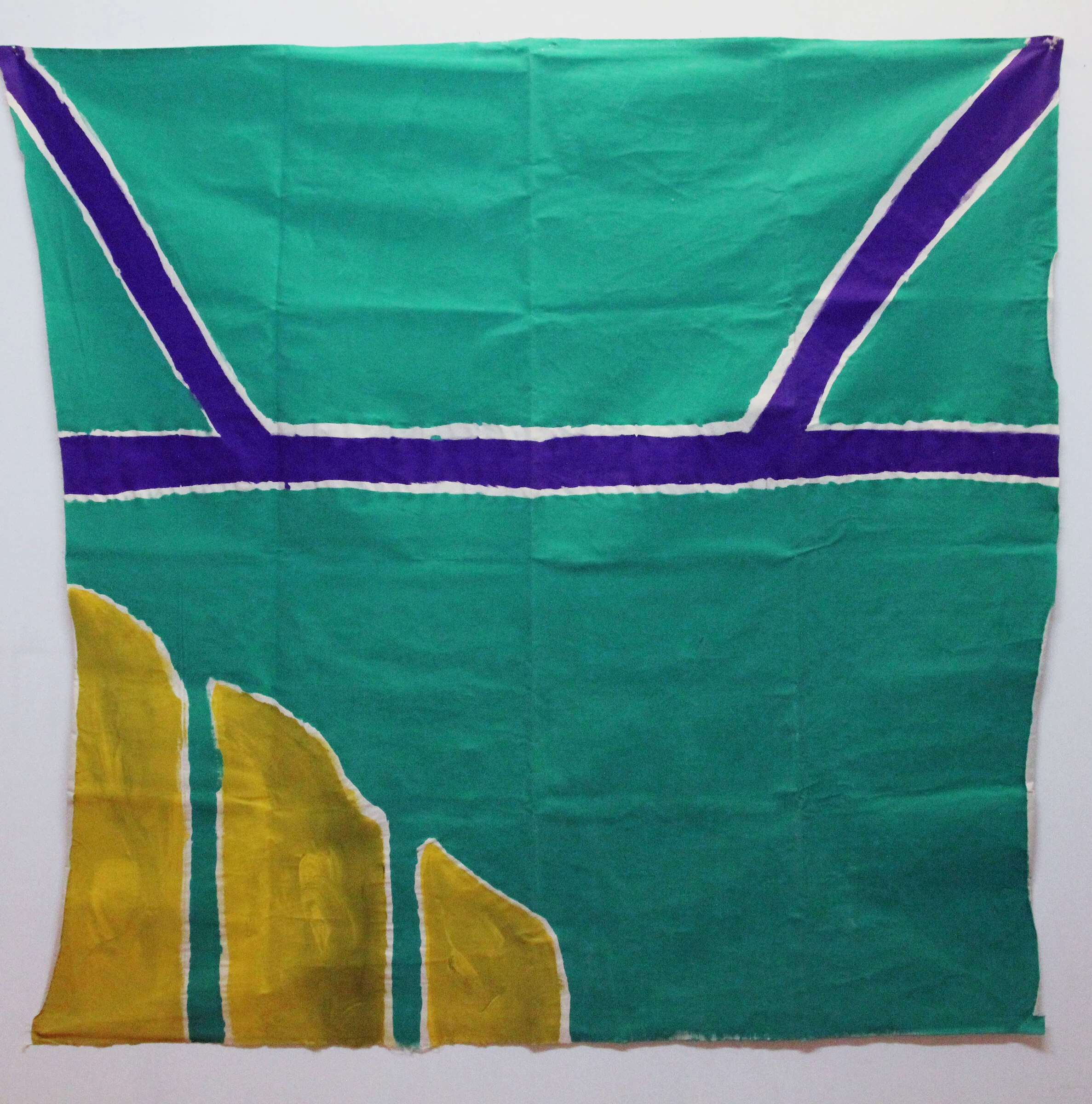 A teal canvas backdrop with purple bands and yellow triangular shapes in the lower left corner.