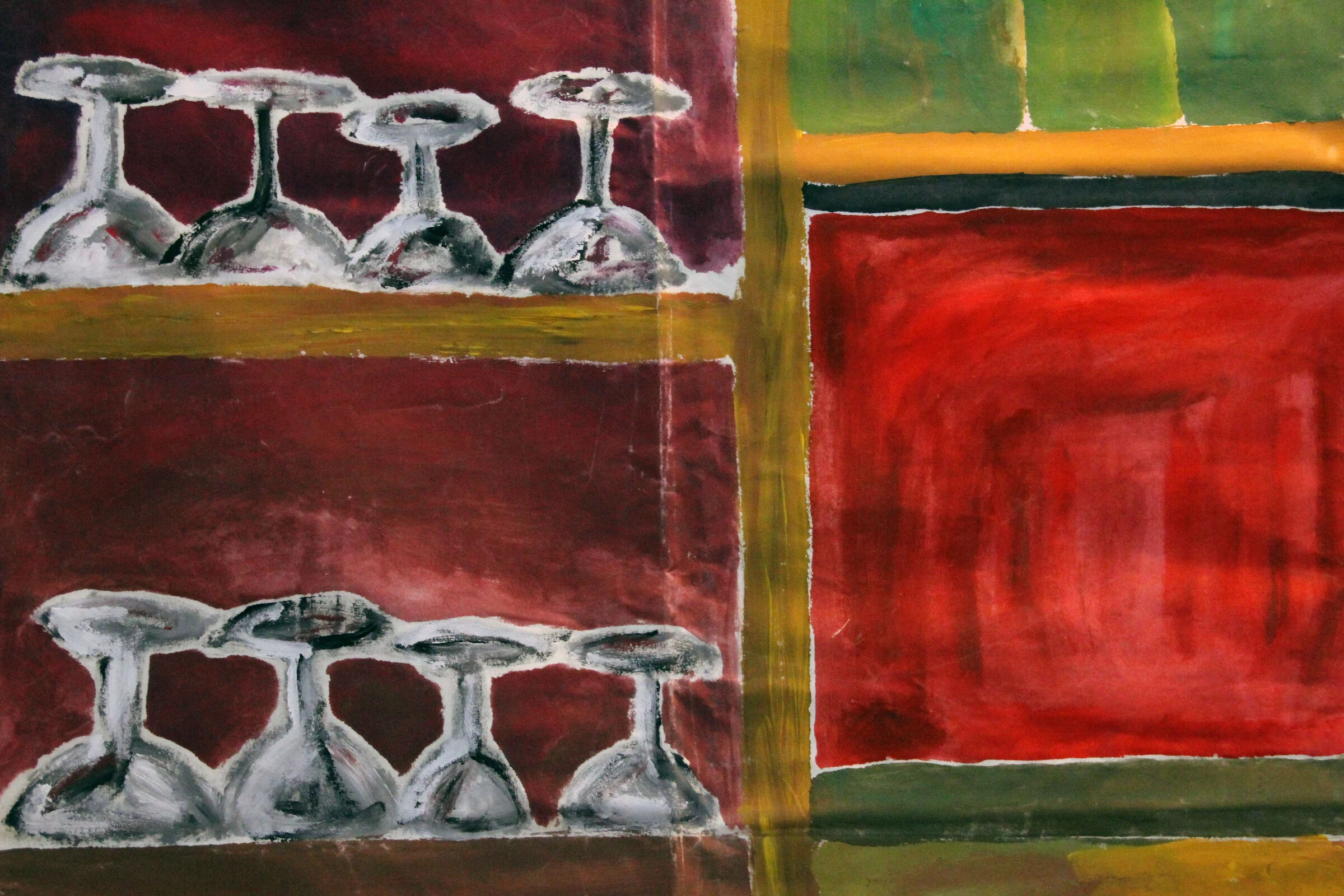 A close-up of wine glasses painted on shelves in the bar backdrop.