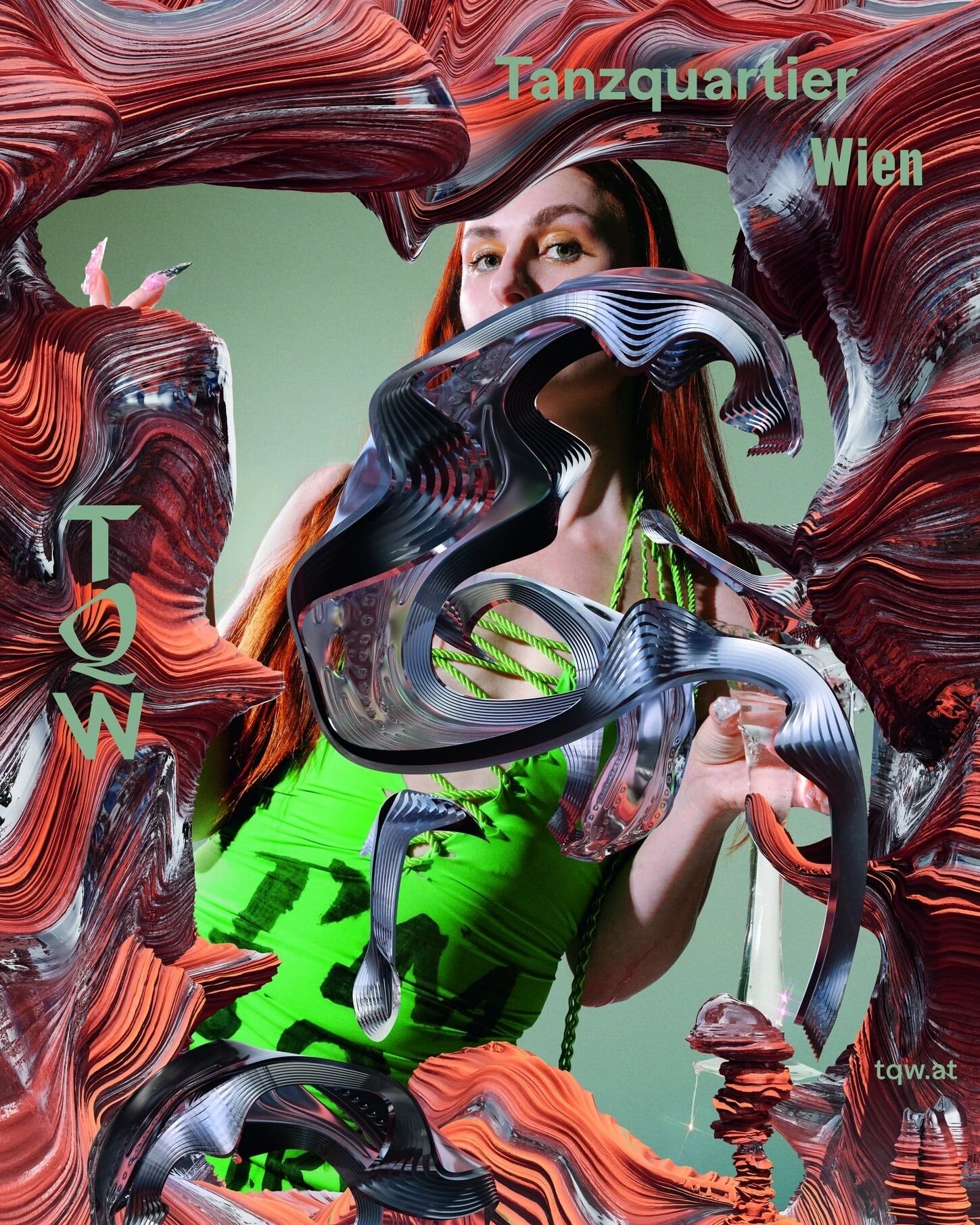 Tanzquartier Wien poster featuring Charlotte in green surrounded by swirling red and metallic graphic shapes.