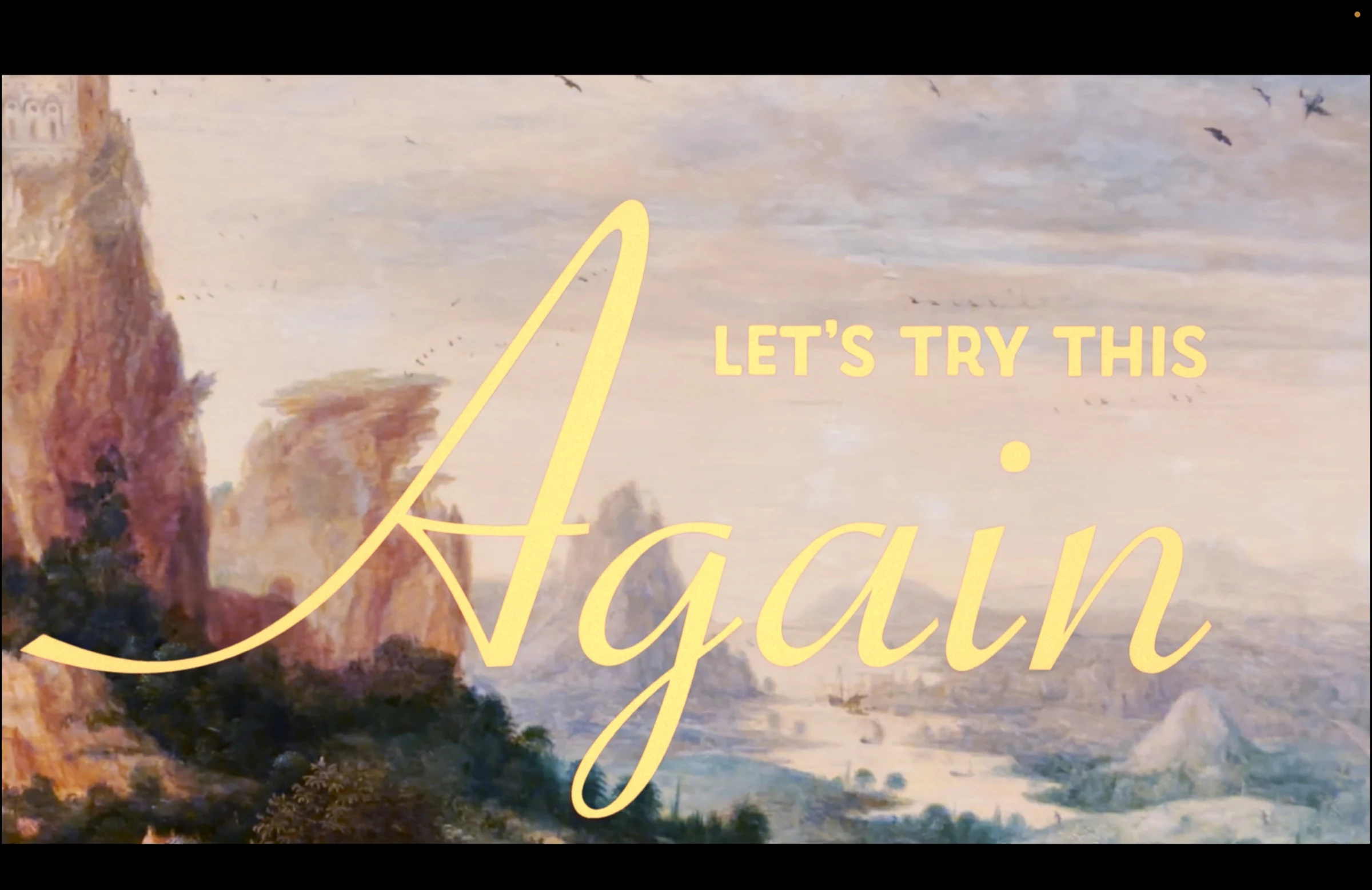 Let's try this Again title page with yellow lettering over a painted coastal landscape.