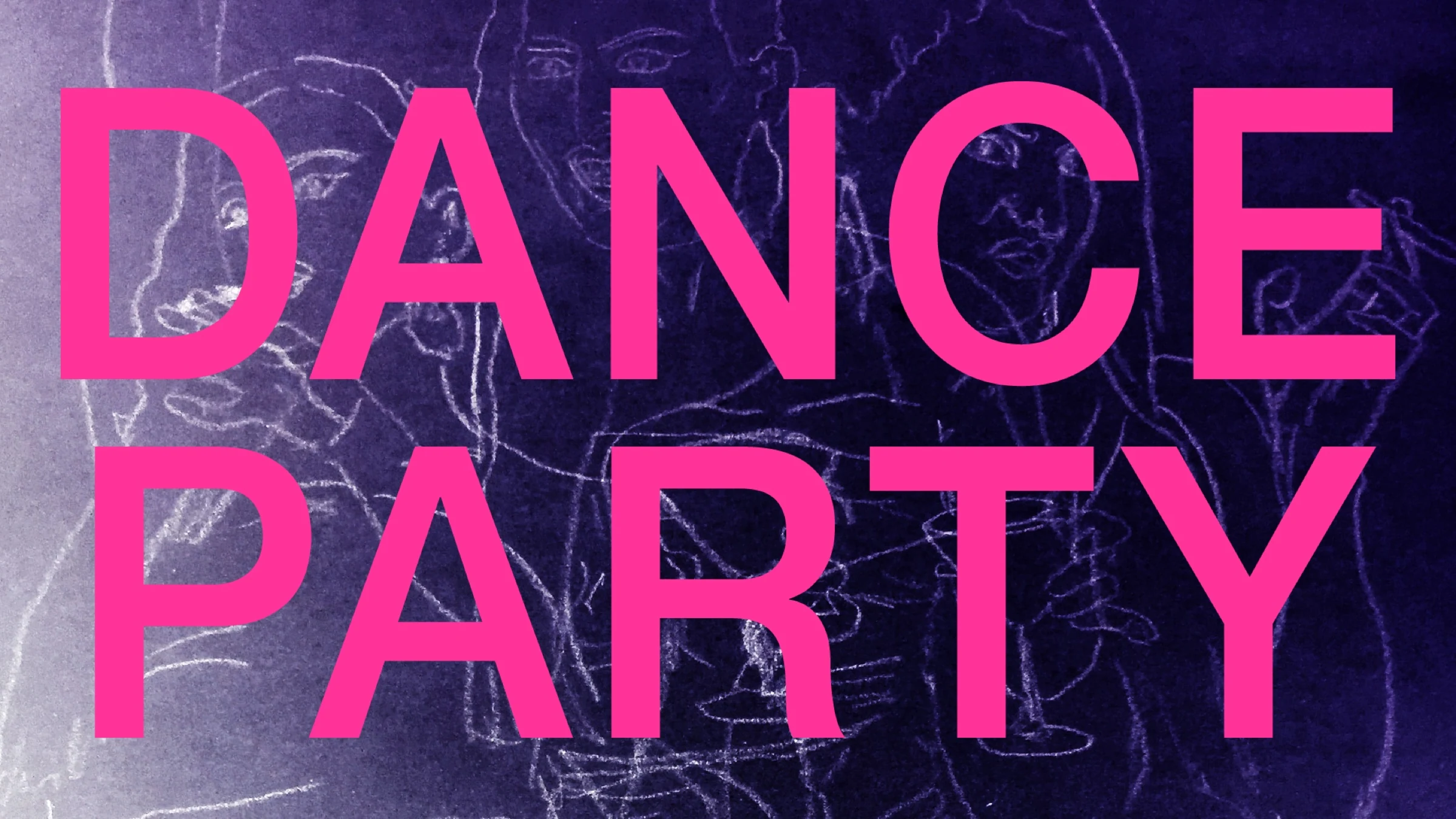 Dance Party title page with pink lettering over a purple drawing.