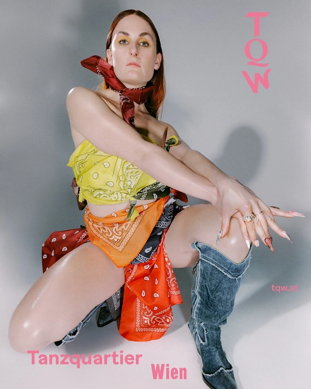 Tanzquartier Wien poster featuring Charlotte Gash in colourful bandanas and denim boots, with pink lettering.