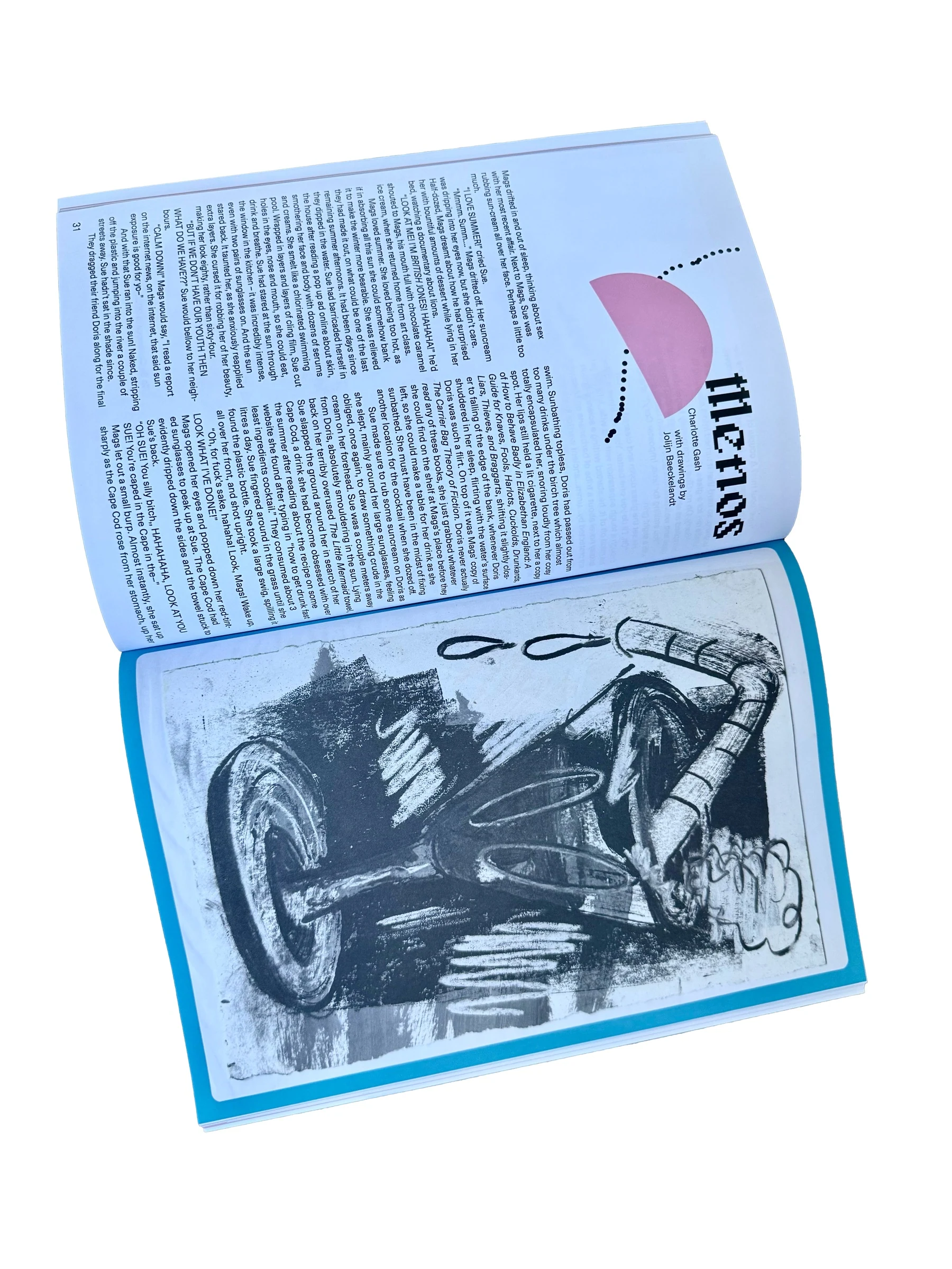 The opening Menos spread with Charlotte Gash's story and an illustration by Jolijn Baeckelandt.