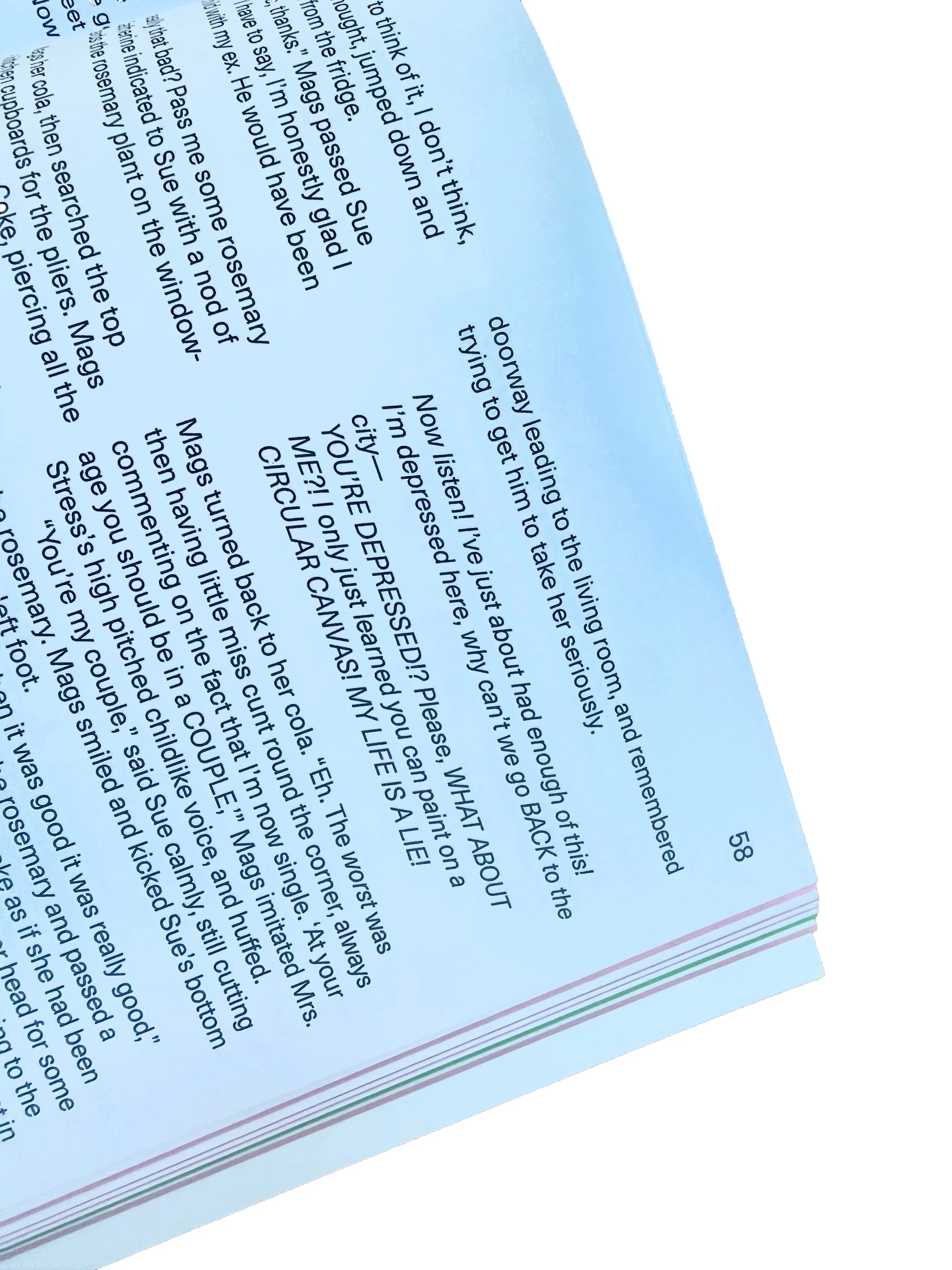 Close-up of a printed page from Menos in ODDBALL magazine.