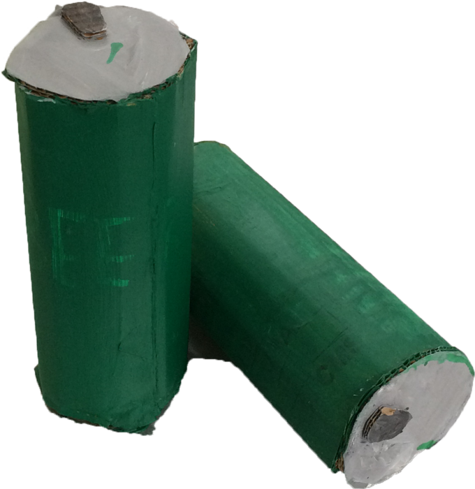 Two handmade green cardboard cans with grey tops.