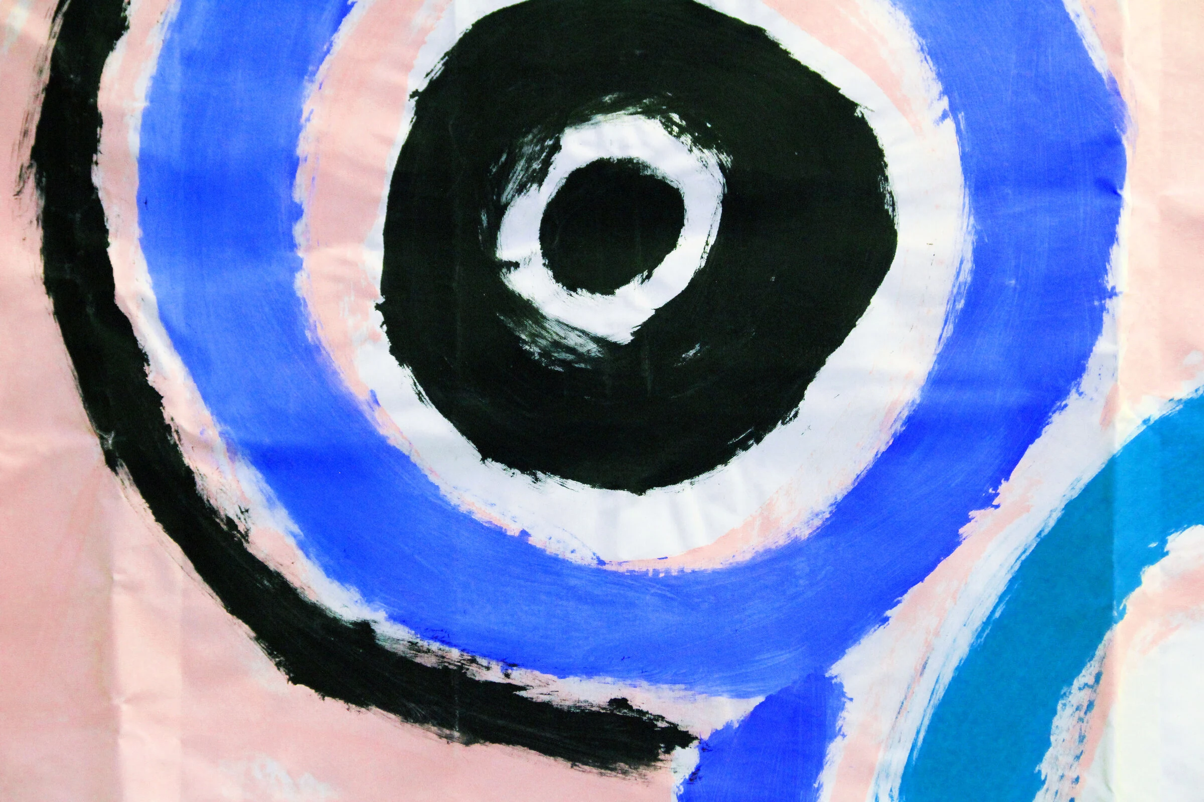 A close-up of concentric black, white, pink and blue circles painted on canvas.